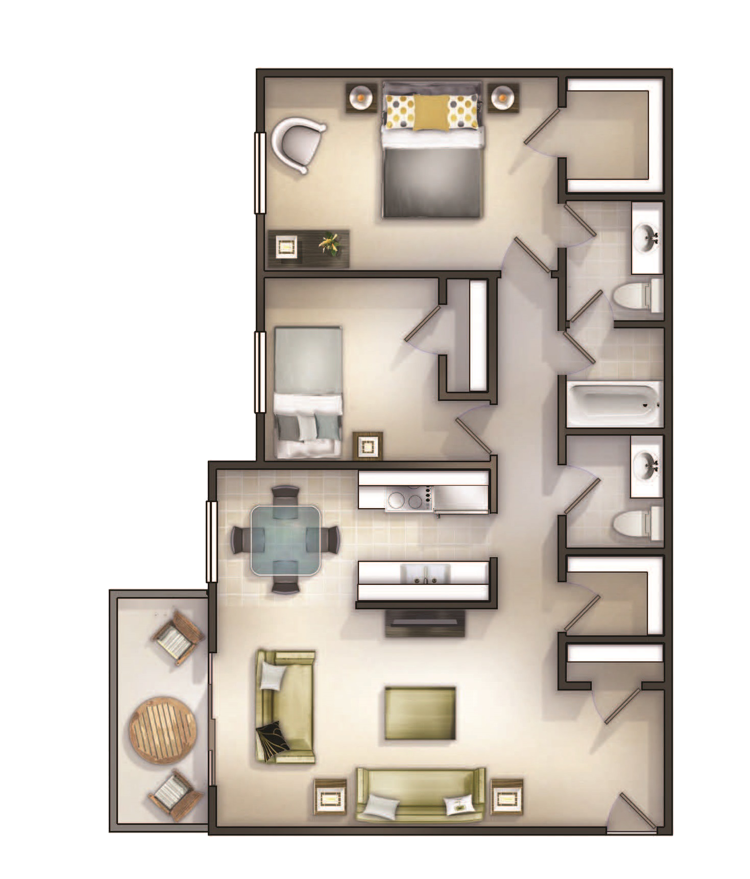 Floor plan for 2 beds, 1.5 baths, 1025 sqft